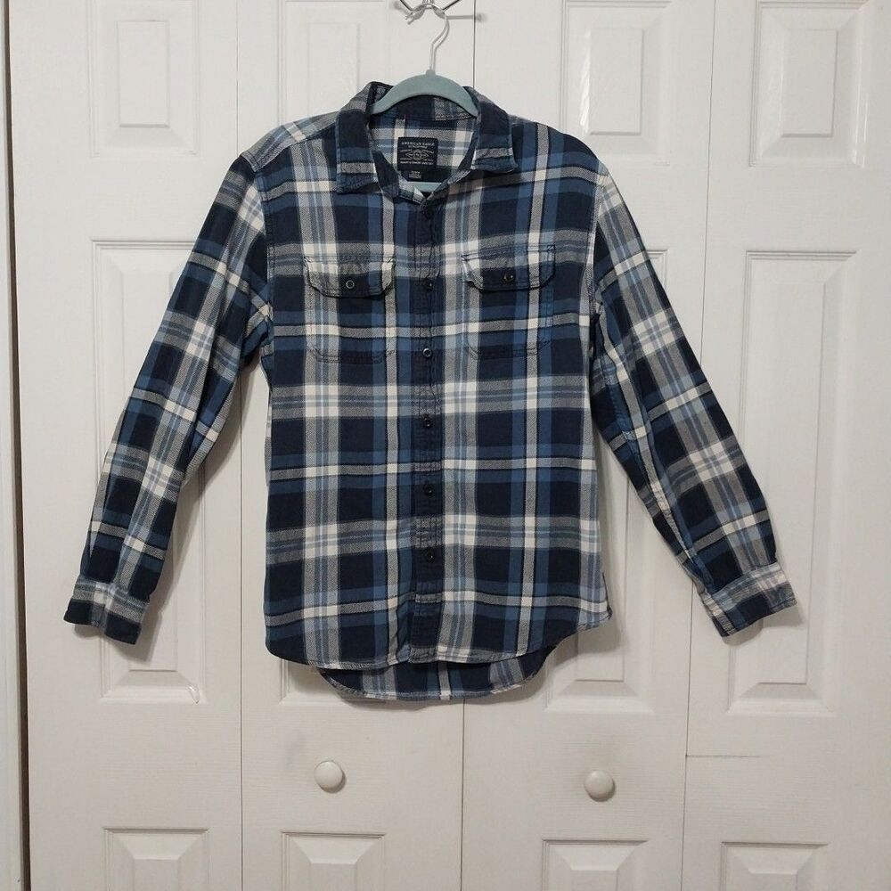 American Eagle Outfitters Men's Flannel Blue White Plaid Medium - Picture 3 of 7